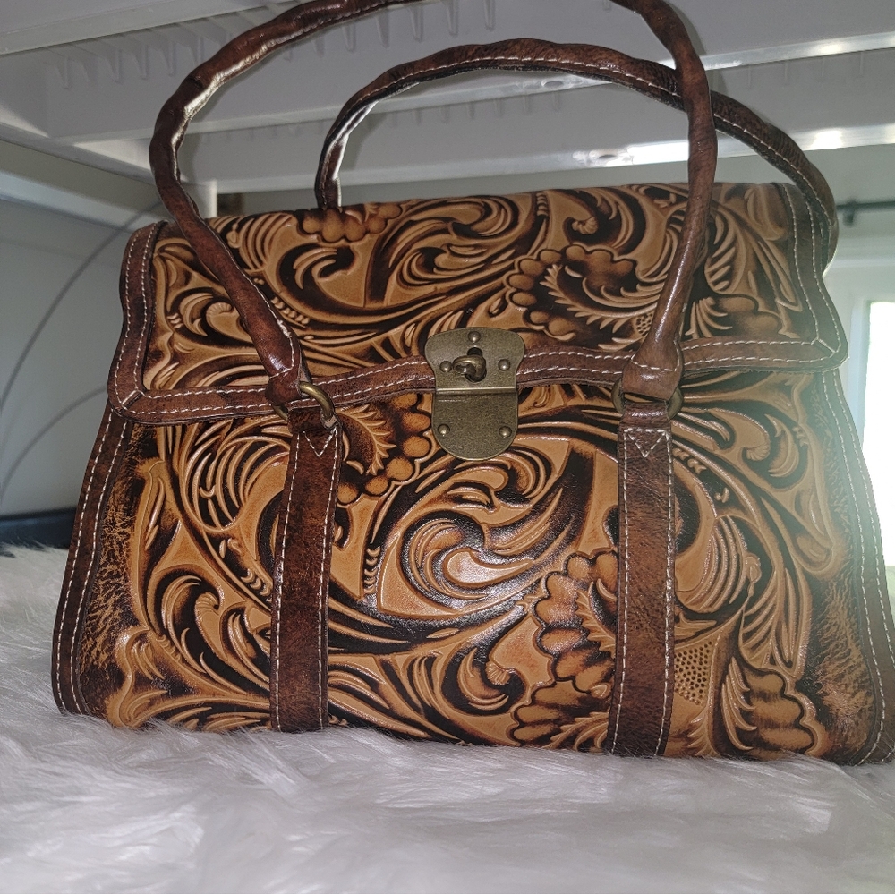 Patricia Nash Tuscan Tooled Embossed Leather Satchel Handbag